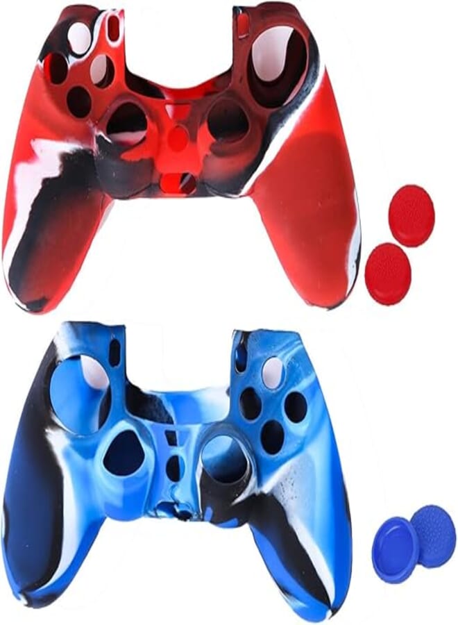 eWINNER 2pack Flexible Silicone Protective Case Skin Cover & 4pack Joystick Thumb Stick Caps Compatible with Sony Playstation 4 dualshock for PS4 Controllers (Case*2+Thumb Grips*4, Camo Red Blue)